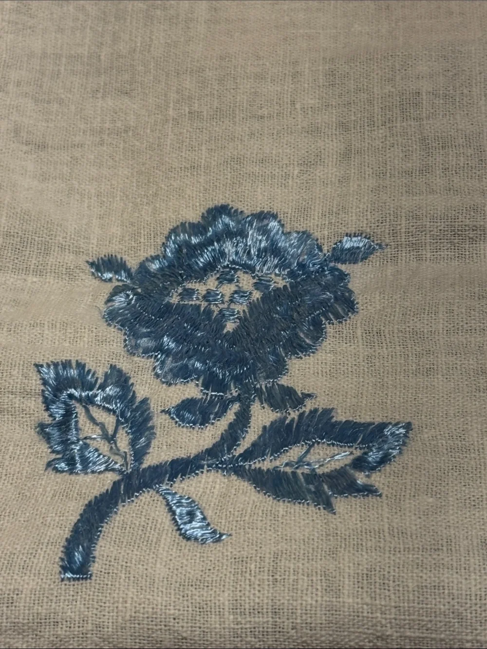 Hand Embroidered Linen Dresser or Table Runner with Blue Rose Motif